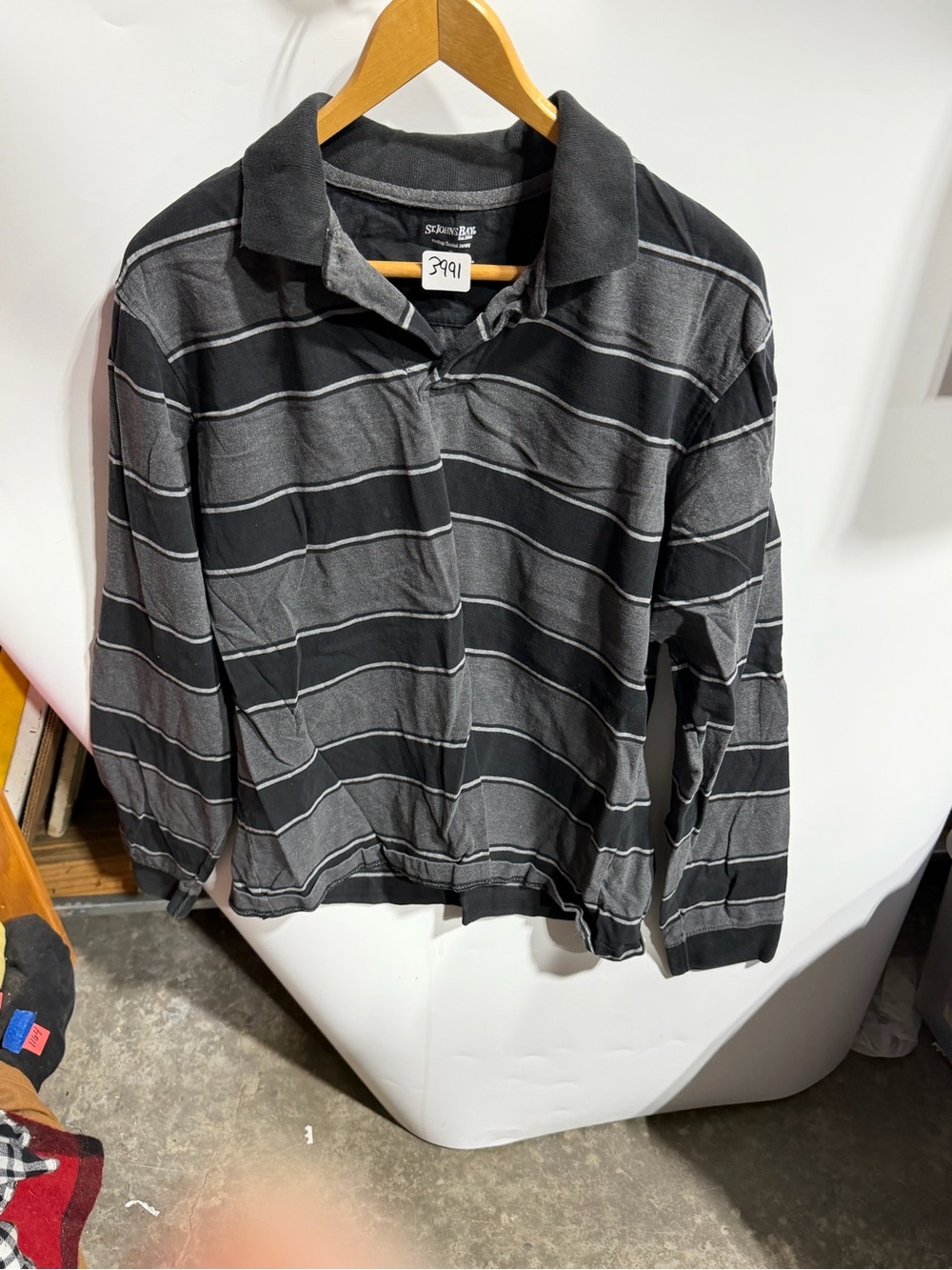 #3991-St. John's Bay Men's Black and Gray Striped Long-Sleeve Polo